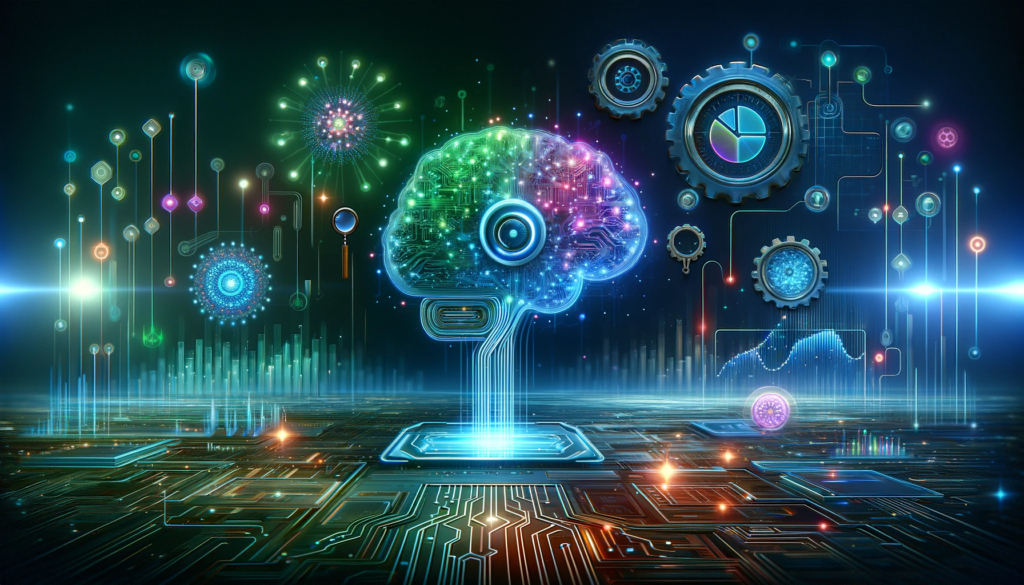 Futuristic depiction of AI and SEO integration, featuring a glowing brain circuit and abstract digital elements in neon colors.
