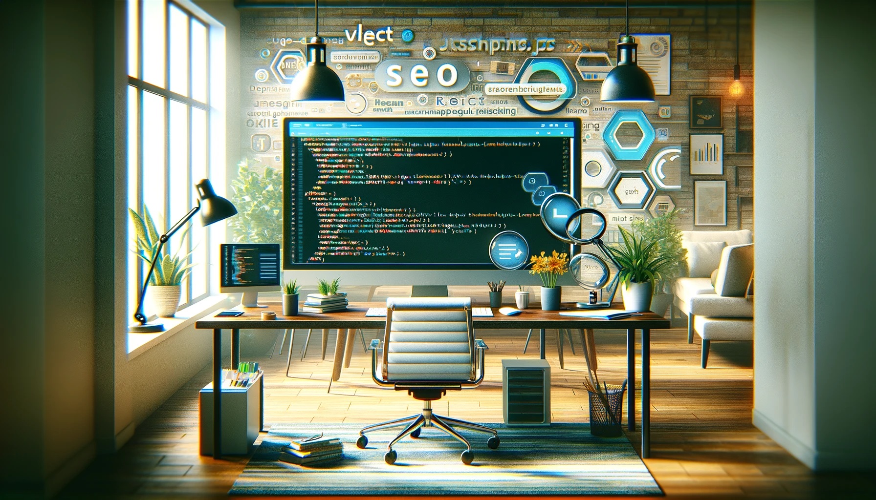 Modern home office with a computer displaying code on the screen, SEO-themed wall decorations, and a cozy sitting area, illustrating a productive workspace for SEO and web development.
