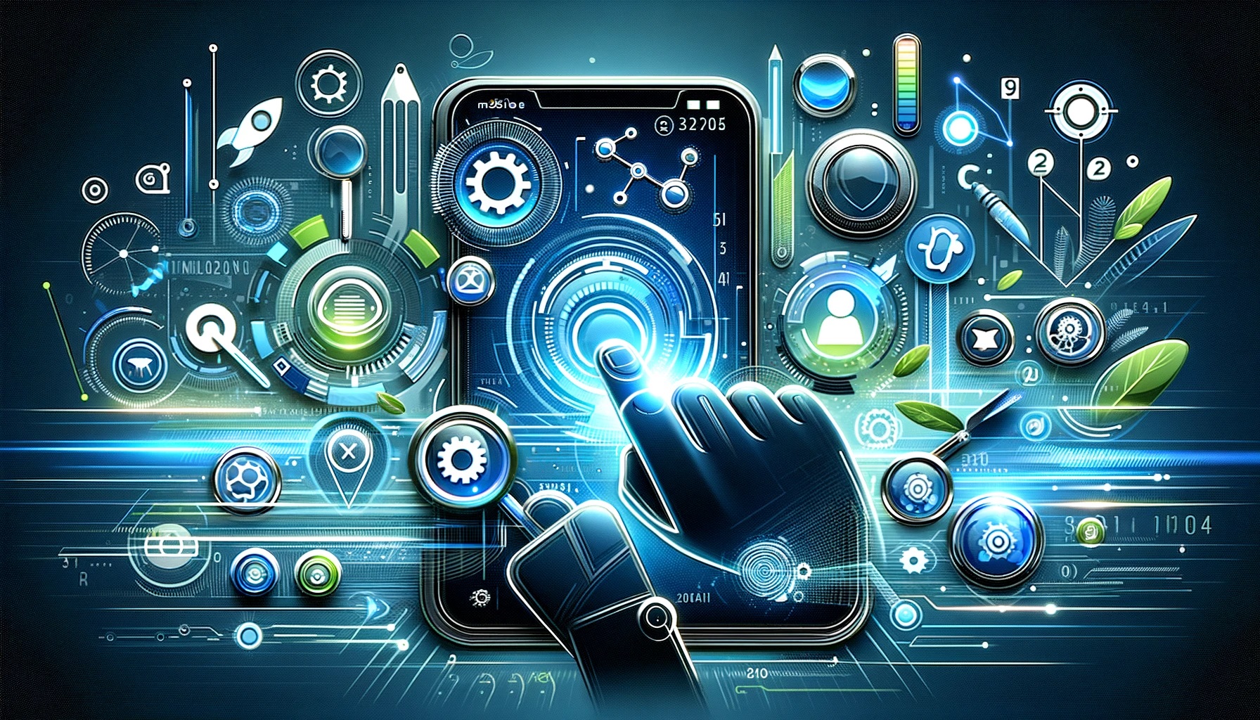 This image captures the essence of mobile SEO in 2024 with a range of futuristic elements. It showcases a hand interacting with a dynamic smartphone interface, surrounded by abstract icons that symbolize optimization and search, such as magnifying glasses and gear wheels. The design is ultramodern, featuring a color palette of blues, greens, and neon accents that evoke a sense of innovation and digital connectivity. It reflects a world where technology and SEO seamlessly intersect in the palm of your hand.