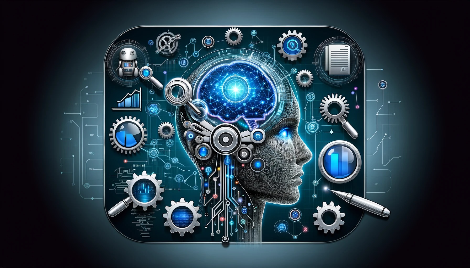 This wide-format image captures the essence of SEO and Artificial Intelligence through a display of futuristic and abstract elements. Central to the design is the silhouette of a humanoid head, sectioned to reveal a glowing digital brain, symbolizing AI. Around it are non-textual, abstract symbols such as magnifying glasses, gear wheels, and stylized rising graphs, representing the various facets of SEO. The color scheme is a mix of deep blues and bright neon, set against a sleek, dark background to convey a sense of cutting-edge technology and digital progress.