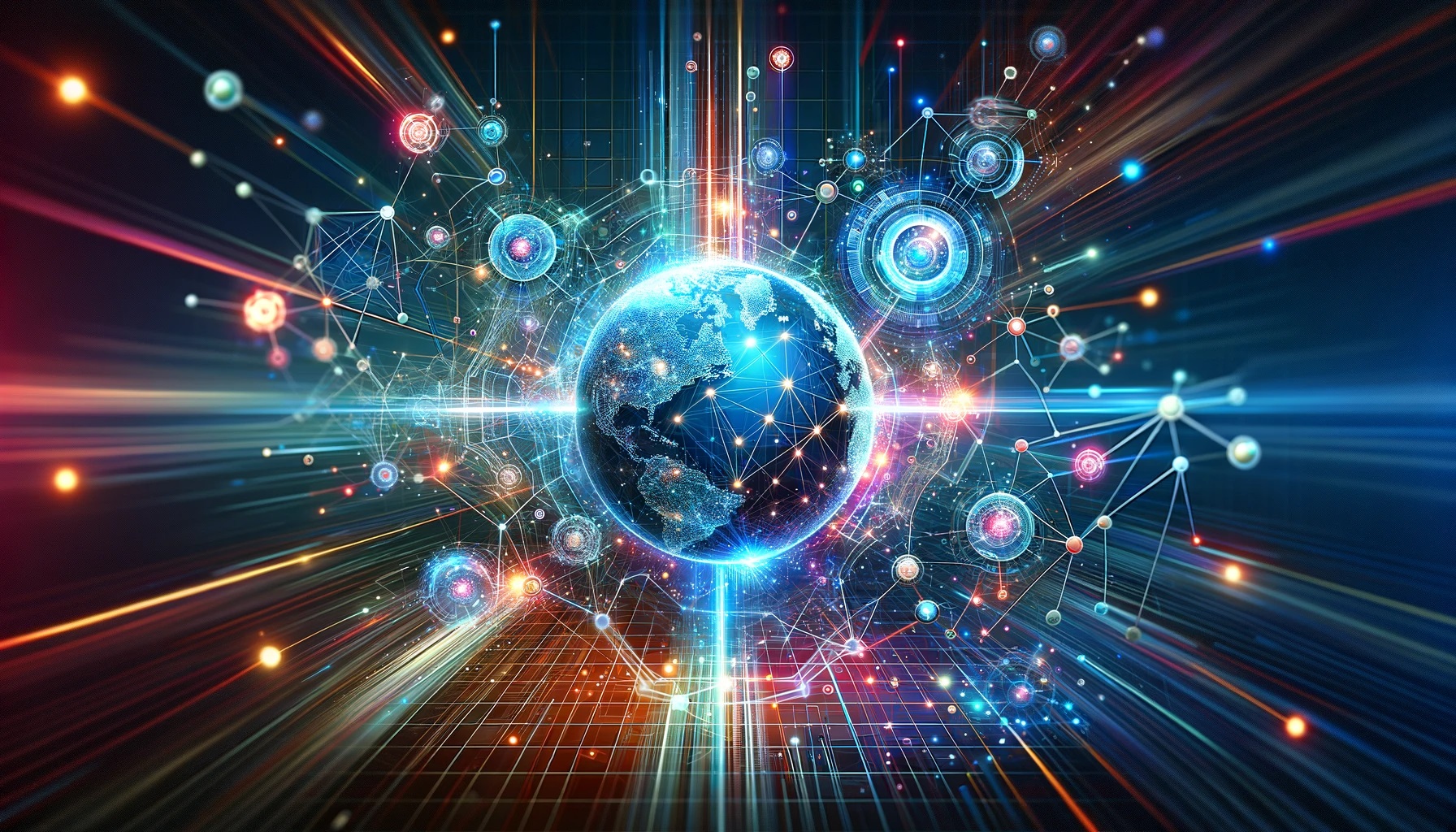 Wide image showcasing a futuristic SEO and digital marketing concept with a central glowing globe symbolizing global connectivity, surrounded by an interconnected network of nodes, lines, and data streams in a vibrant, digital cyberspace.