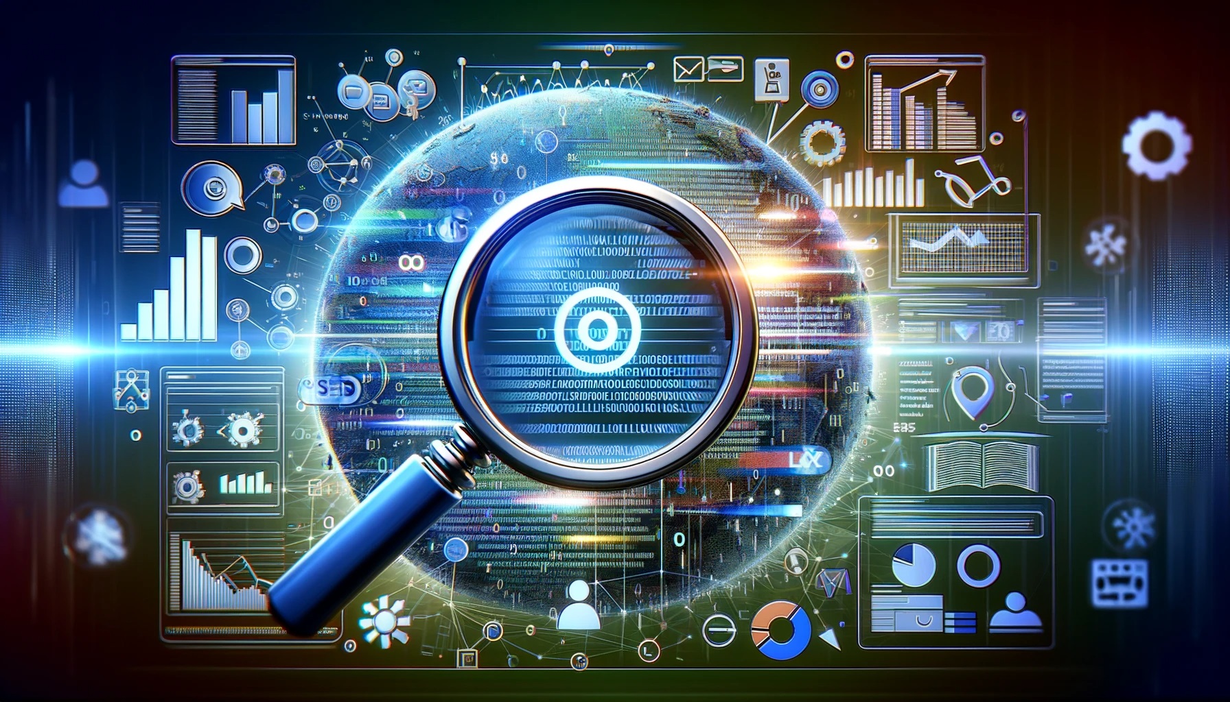 This image depicts the concept of SEO and structured data. It features a large magnifying glass focusing on a web page, highlighting structured data codes and graphs. In the background, there are subtle icons and symbols related to SEO, such as search bars, rankings, and keywords. The color palette is modern, with shades of blue and green, creating a professional and digitally-themed visual representation of SEO and structured data.