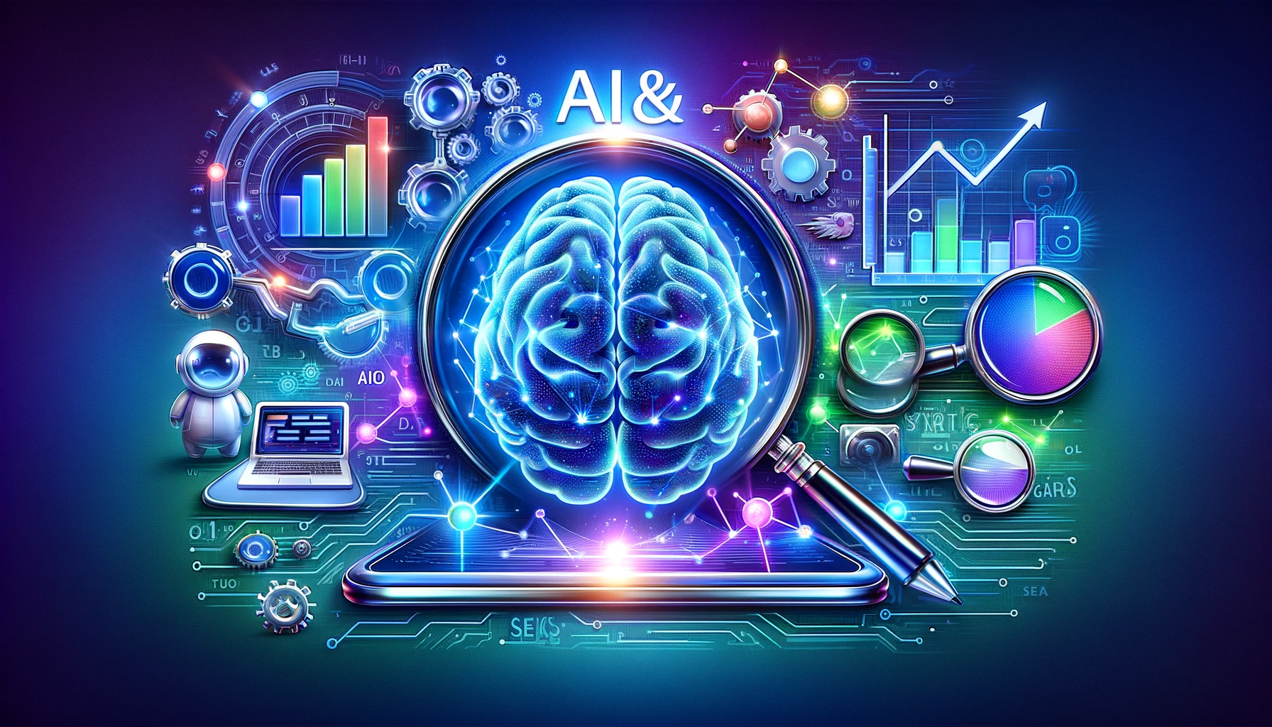 Illustration of AI technology and keyword analytics, depicting the synergy between artificial intelligence and advanced SEO strategies.