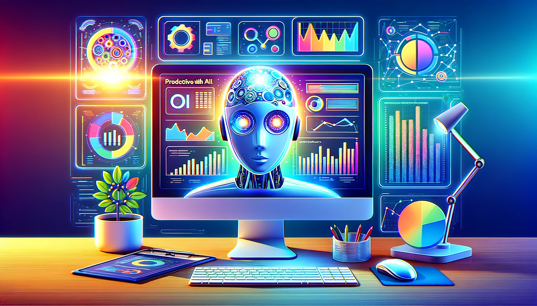 "An informative image depicting AI-driven Predictive SEO, featuring a computer screen with SEO analytics, trend graphs, and a digital brain symbolizing AI analyzing data.