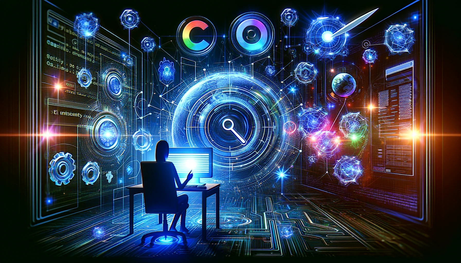 A wide image for a blog article's body, depicting a person engaging with a futuristic SEO interface, with interactive elements and analytics data visualized in a digital space, using a dark color scheme with blue and neon highlights.