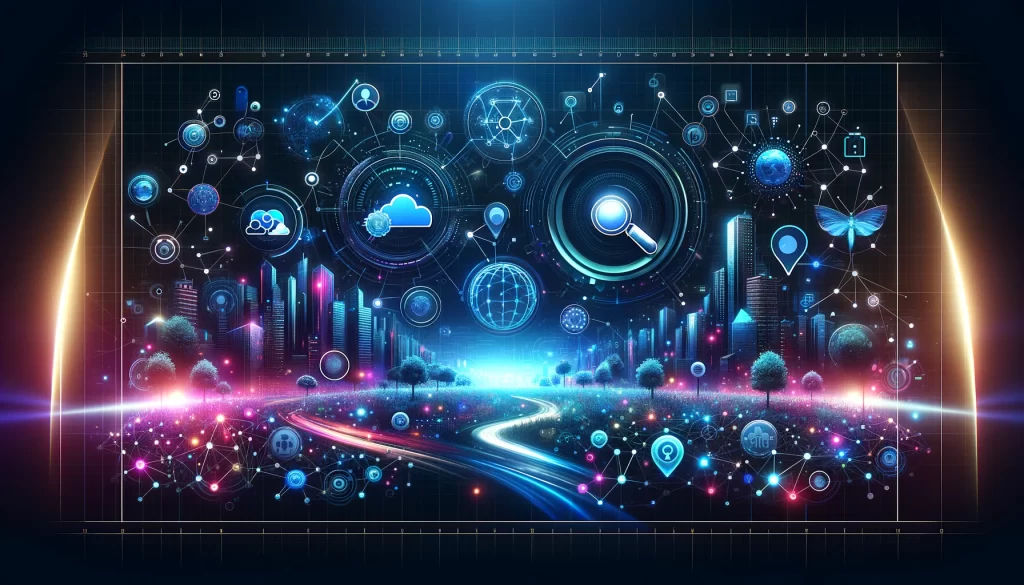 A wide header image for a blog article, featuring an abstract technology and data network design with interactivity and SEO symbols such as connected nodes and magnifying glasses, with a dark backdrop and vibrant blue and neon accents.